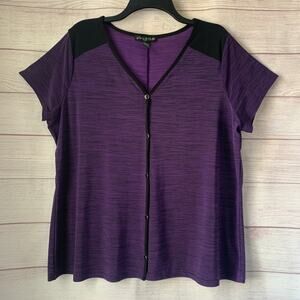Suzie In The City Purple Short Sleeve Top with Black Accents V Neck Size 1X